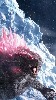 a large dinosaur with its mouth open and it's tongue out in the snow