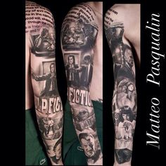 three different tattoos on the arms and arm, one with images of people in movies