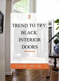 an entry way with the words trend to try black interior doors in orange and white