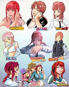 some anime characters with different expressions on their faces and body parts, all in various poses