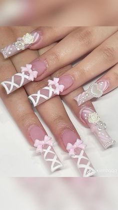 Pink Disney Outfit, Decal Nails, Corset Nails, Fairy Nails, Coquette Nails, Vintage Nails, Really Cute Nails, Soft Nails, Bling Acrylic Nails