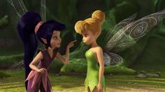 two cartoon tinkerbells standing next to each other in the grass with trees behind them