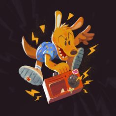 a cartoon dog is jumping with a radio in his hand and lightning coming out from behind him