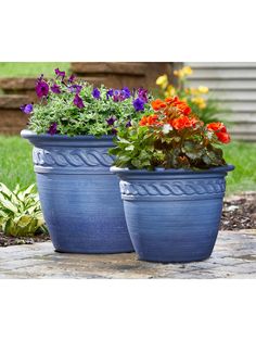 two blue planters with colorful flowers in them