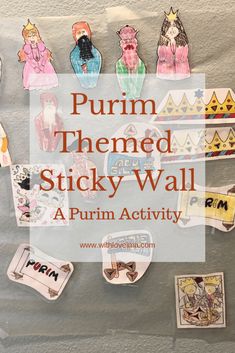 there are many stickers on the back of this bulletin board that says, purim themed sticky wall