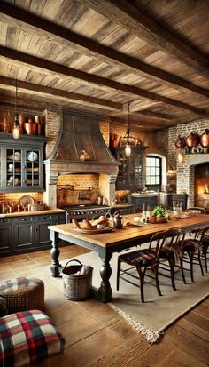 an old fashioned kitchen with wooden floors and black cabinets, large table surrounded by chairs