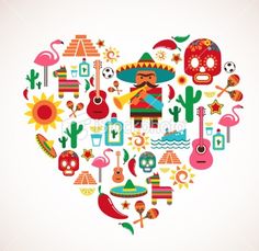 the heart shape is filled with mexican symbols, such as guitar, flamingos and other items