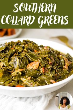 a white bowl filled with collard greens on top of a table