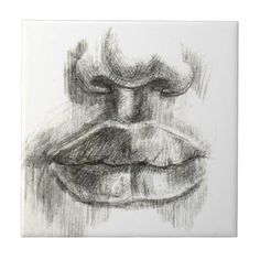 a black and white drawing of a gorilla's face with his tongue out tile