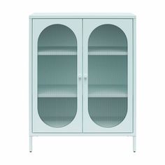 a white cabinet with two glass doors on the front and bottom, against a white background