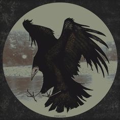 a large black bird with its wings spread out in front of a full moon over water