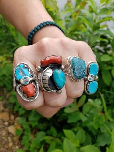 "This is an amazing vintage American Indian southwestern leafwork ring featuring a large turquoise cabochon and red coral in a sterling silver setting. It is size 8 1/2. The face of the ring measures approximately 1 1/2\" x 1\"." Native American Rings, Turquoise And Coral, Vintage Bell, Stone Mosaic, American Indian, Red Coral, Turquoise Sterling Silver, American Vintage, Turquoise Ring