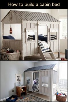 there are two pictures with the words how to build a cabin bed