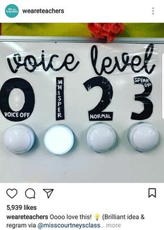 a sign that says voice level on the side of a wall with four different knobs