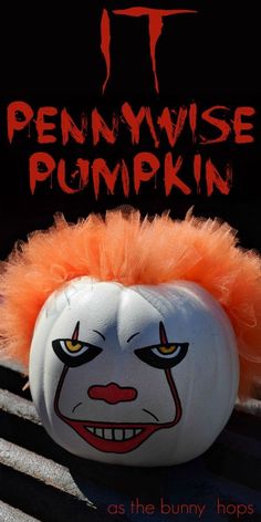 a pennywise pumpkin sitting on top of a bench with the caption it pennywise pumpkin as the bunny hops