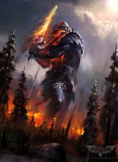 an image of a giant monster in the middle of a forest with flames coming out of it