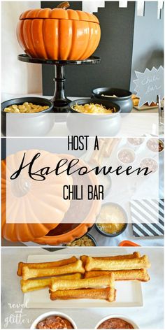 host a halloween chill bar with pumpkins, cheese sticks and other foods to enjoy