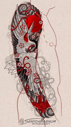 an artistic tattoo design with red and black ink