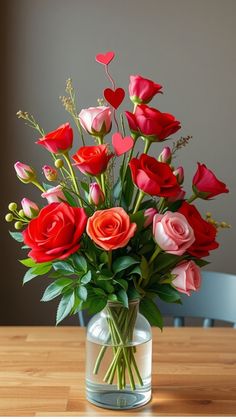 Vase of red and pink roses with heart-shaped decorations on a wooden table. Valentine Baby Shower, Themed Decorations, Red Color Schemes, Cupids Arrow, Heart Themed, Baby Shower Decor, Love And Happiness, Unique Valentines