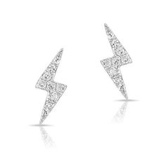 High Voltage Shine These 14k gold studded pave earrings aren't like your typical studs. Little lightning bolts brighten up your lobes with stunning true white diamonds. Minimal and geometric, these diamond lightning bolt stud earrings are carefully crafted in gold for a maximum high shine impact. Electric Feels Don't settle for typical boring earrings when you can update your double piercings with these beautiful diamond lighnting bolt earring studs availble in white, yellow or rose gold. Carefu Diamond Star Earrings, White Diamond Earrings, White Gold Diamond Earrings, Diamond Huggie Earrings, Lightning Bolt Earrings, Butterfly Earrings Stud, Solitaire Studs, Gold Diamond Earrings, White Gold Earrings