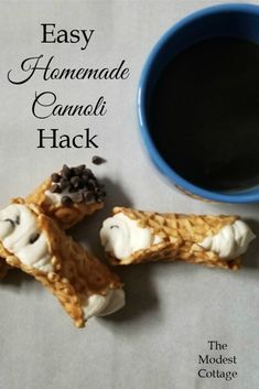 an easy homemade candy hack with chocolate chips and marshmallows on it next to a cup of coffee