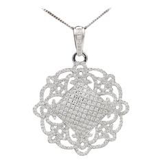 Elegant Diamond Ornament Style Pendant, Full with Diamonds. 18k White Gold 8.60 grams. Total Diamonds 1.87 carat G-SI. Size: Approx 30 mm or 1.25' Inch. Looks much better in real. + Chain 16' Inch Diamond Cut Medallion Jewelry, Diamond Filigree Round Pendant Jewelry, Diamond Filigree Pendant Jewelry, Filigree Diamond Pendant Jewelry, Elegant Medallion Diamond Necklace With Diamond Accents, Luxury Filigree Medallion Jewelry, Luxury Medallion Jewelry With Filigree, Diamond White Pave Setting Diamond-shaped Jewelry, Diamond White Pave Setting Jewelry