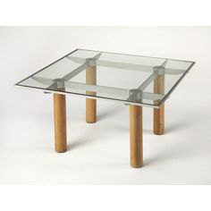 a glass table with wooden legs on a white background