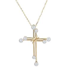 18" 14K Gold 2.75-3.5mm Cultured Freshwater Seed Pearl Cross Necklace Modern design meets timeless style. A graceful twist on a classic design, this glowing necklace features a pearl-tipped, doubled cross. It's a special way to wear your deepest convictions.         Necklace approx. 18"L x 0.19"W     Drop approx. 1-1/4"L x 1/4"W     Stamped 14K yellow gold; polished finish      Cable-link chain: lobster-claw clasp    Stone Information       All sizes and weights approximate     Cultured Freshwat Elegant Cross Pendant Necklace With Pearl Drop, Elegant Cross Necklace With Pearl Pendant, Elegant Pearl Drop Cross Pendant Necklace, Elegant Cross-shaped Pearl Pendant Necklace, Elegant Cross-shaped Pearl Pendant Jewelry, Elegant Cross Necklace With Pearl Chain, Elegant Cross-shaped Pearl Chain Necklace, Elegant Pearl Necklace With Cross Pendant, Elegant Cross-shaped Pearl Necklace For Gifts