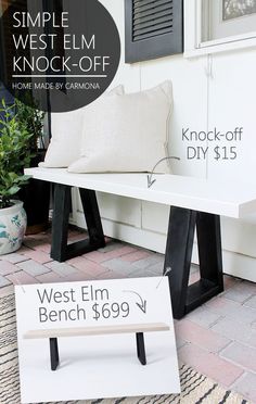 a bench sitting on top of a sidewalk next to a sign that says west elm