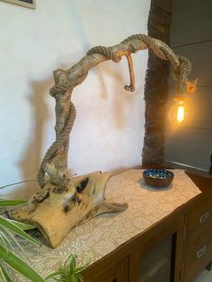 a wooden table with a bowl on top of it next to a tree branch lamp