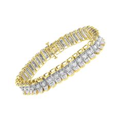 A must have for any serious jewelry collection, this stunning 14K yellow and white gold tennis bracelet boasts an impressive 5.0 carat total weight of diamonds with a whopping 217 individual stones. The bracelet features rectangular links with round, brilliant cut diamonds in four prong settings centered between baguette cut diamonds flush set into the wedged sides of the links, creating a reflective appearance. The interior of the links are 14K white gold, while the outside of the links are mad Gold Tennis Bracelet, Bracelet Tennis, Baguette Cut Diamond, Baguette Cut, Baguette Diamond, Sparkle Diamonds, Tennis Bracelet, Brilliant Cut Diamond, Diamond Studs