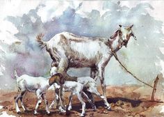 a painting of an adult goat and two baby goats walking in the dirt with a stick