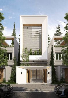 an artist's rendering of the front entrance to a modern apartment building with trees surrounding it