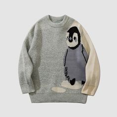 Features: Unisex Pullover Round neck Long sleeves Penguin print Ribbed sleeve cuffs and bottom hem Material: Acrylic. Cotton. Polyester College Sweater, Costume Bags, Sweater Streetwear, Penguin Pattern, Loose Knit Sweater, Oversize Pullover, Harajuku Outfits, Vintage Jumper, Loose Knit Sweaters