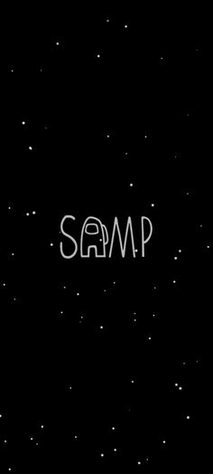 the word samp is written in white on a black background with stars and space