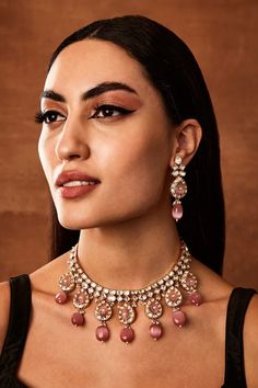 22kt gold plated gleamlet necklace with polki and pink toned beads embellishments. Comes with a pair of matching drop earrings. - Aza Fashions Diana Penty, Gold Jewelry Sets, Polki Jewellery, Luxury Sale, Kiara Advani, Jewellery Sets, Jewellery Set, Buy Gold, Deepika Padukone