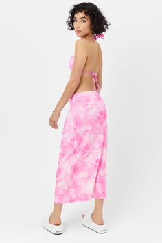 Our go-to mini skirt is back as a maxi skirt? Yep! A terry maxi skirt designed in our new distorted pink dye print. This cutie skirt features a high cut slit and mid waistline. Pair this terry maxi skirt back with the Peace Strapless Top for a trendy new look. Fabric 94% Nylon + 6% Spandex Terry Fabric ﻿Please note all sale items are final sale. Pink Dye, Frankies Bikinis, The Peace, Swimwear Sale, Swimwear Outfit, Skirt Design, Clothes Collection, Dress Romper, High Cut