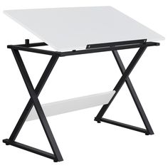 a white desk with black legs and a small table on it's bottom shelf