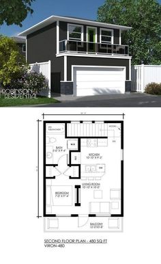 the floor plan for a two story house with an attached garage and living room area