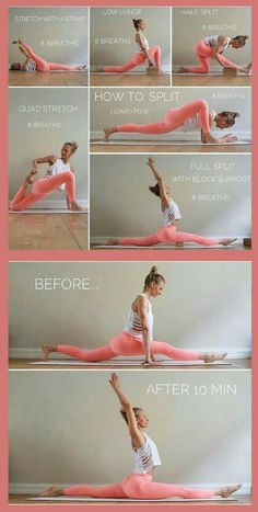 a woman doing yoga poses with her hands in the air