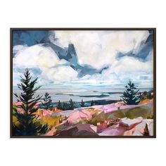 an oil painting of clouds and trees on a white background with the ocean in the distance