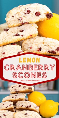 lemon cranberry scones are stacked on top of each other with the title overlay