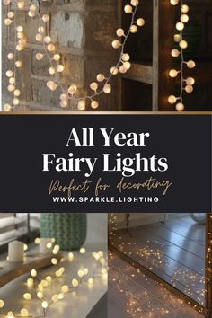 some lights that are on the ground and in front of a brick wall with words all year fairy lights perfect for decor