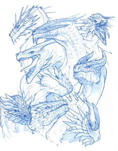 a drawing of some kind of dragon with its mouth open and eyes closed, in blue ink