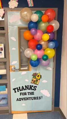 there is a door decorated with balloons and the words thanks for the adventures