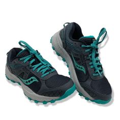 New Without Box Blue Synthetic Sneakers For Hiking, Gray Synthetic Trail Running Shoes With Round Toe, Blue Synthetic Hiking Sneakers, Blue Trail Running Shoes With Laces, Blue Low-top Sneakers For Trail Running, Blue Synthetic Trail Running Shoes With Cushioned Footbed, Blue Cushioned Trail Running Shoes, Blue Lace-up Trail Running Shoes With Cushioned Footbed, Casual Blue Synthetic Trail Running Shoes