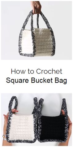 the crochet square bucket bag is shown in three different colors and sizes, with text