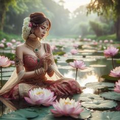 a woman sitting on top of a lily covered pond surrounded by pink water lilies