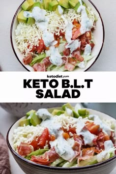 keto blt salad with tomatoes, lettuce and cheese in a bowl