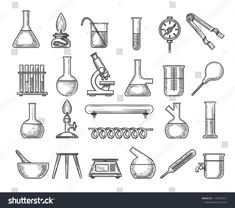 set of hand drawn science and laboratory equipment on white background, black and white line art